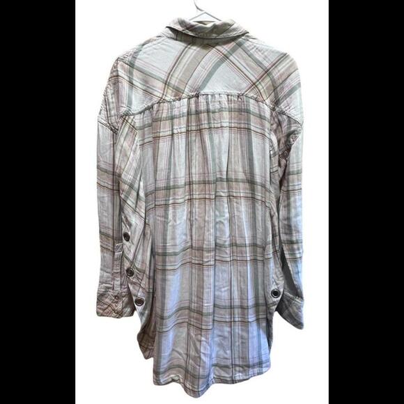 Free People Nordic Day Plaid Gauze Oversized Button Front Shirt Ivory Small READ - Picture 2 of 4